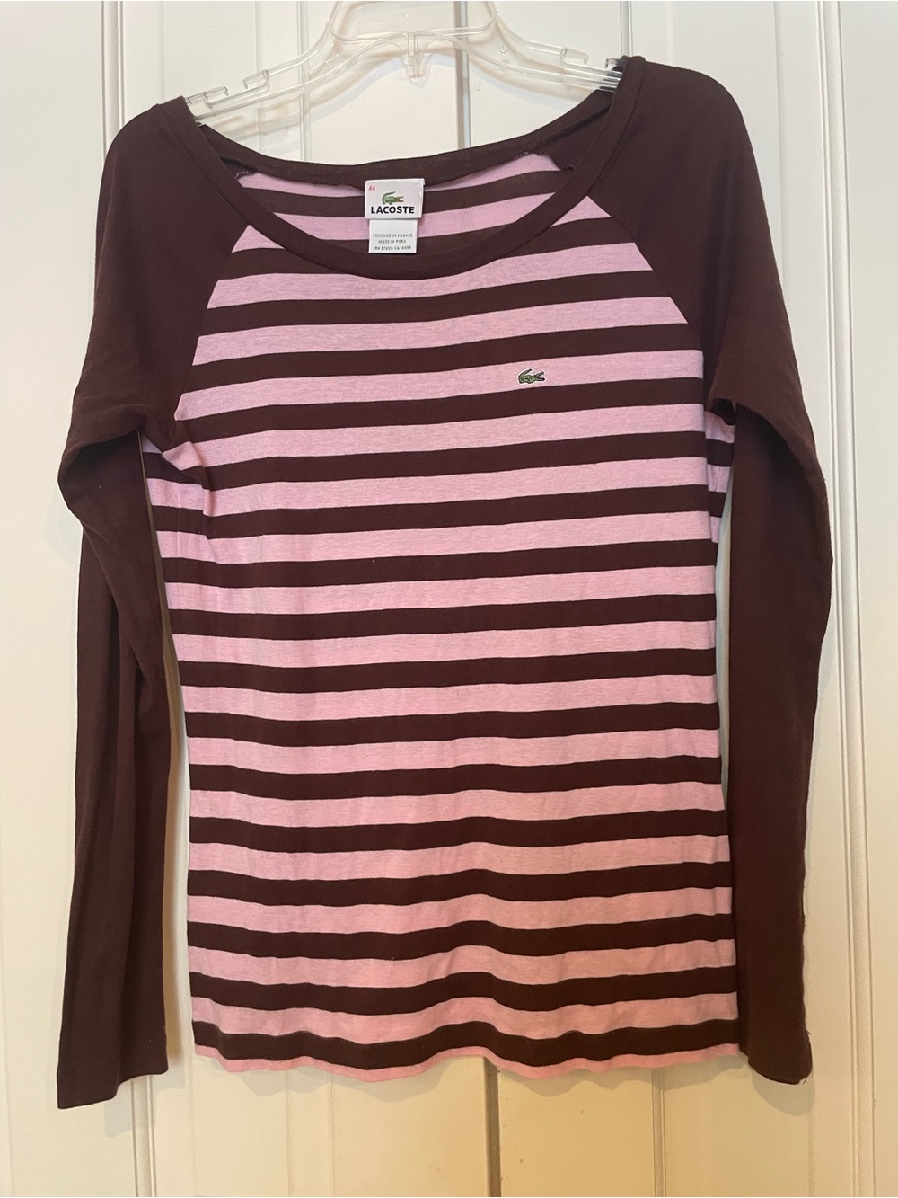 Lacoste Pink and Burgundy Striped Crewneck Top